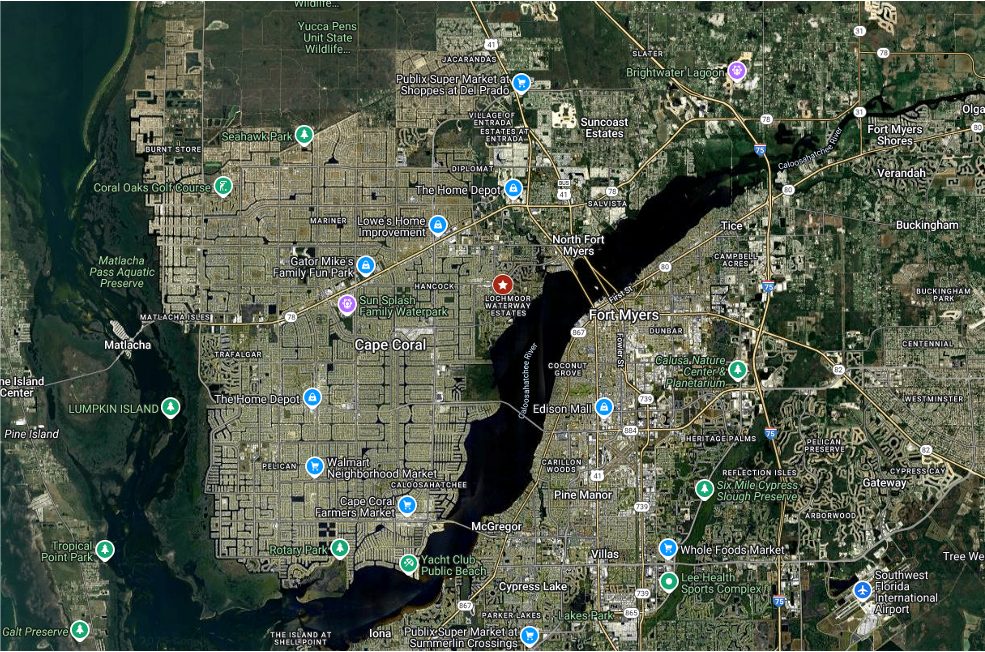 Regional map showing Fort Myers Storage between Cape Coral and Fort Myers