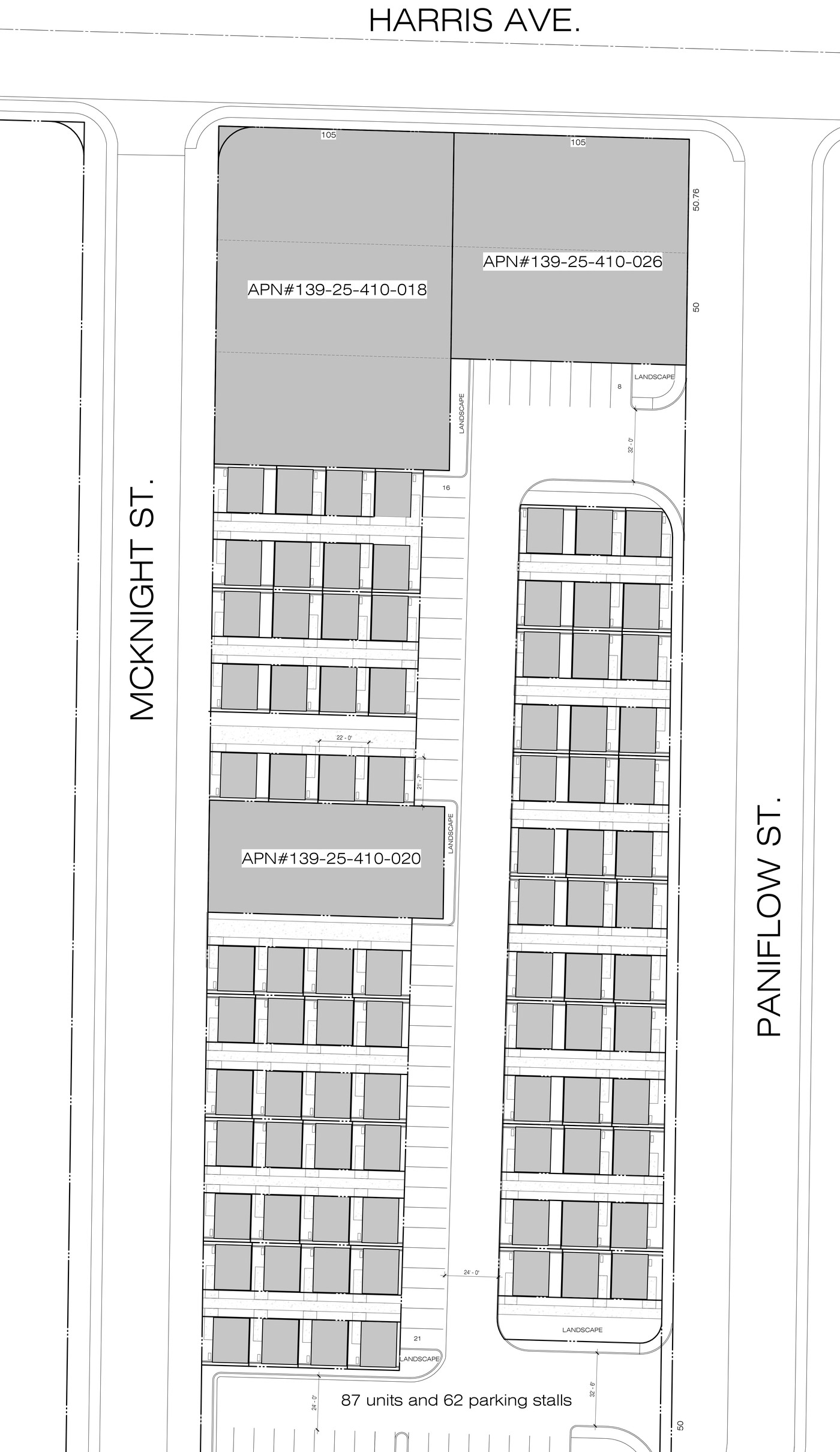 Preliminary site plan for McKnight Cottages showing 87 units along McKnight Street and Painiflow Street
