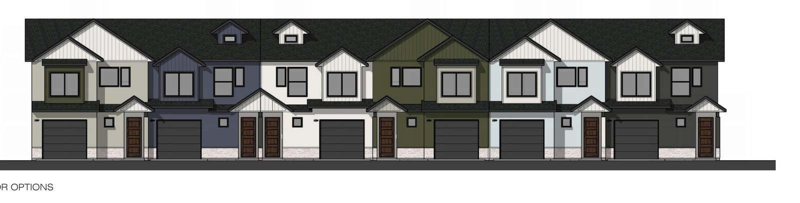 Exterior elevation color options for Overton Ranch attached townhome-style units