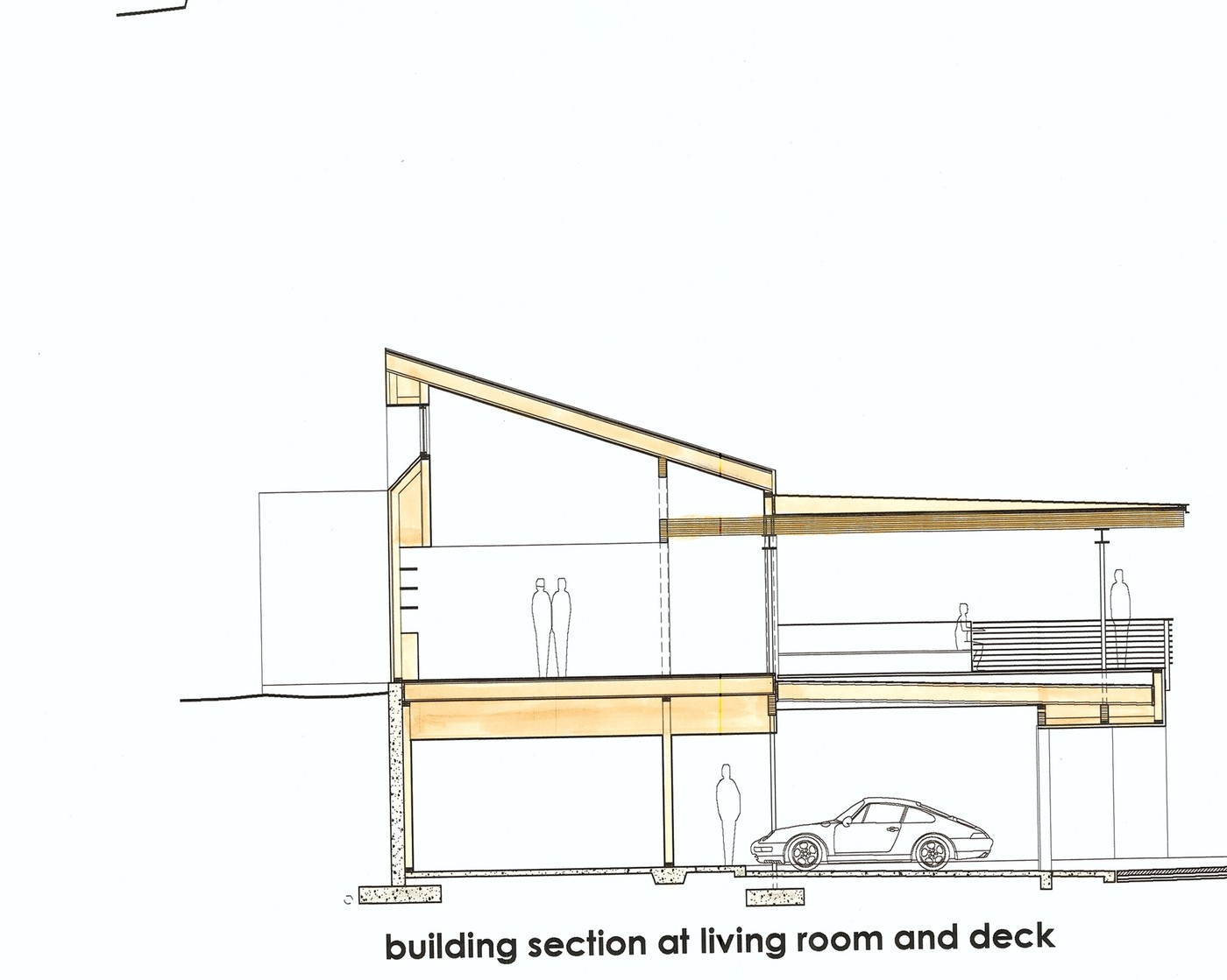 Building section at living room and deck architectural drawing by Hawkins & Associates