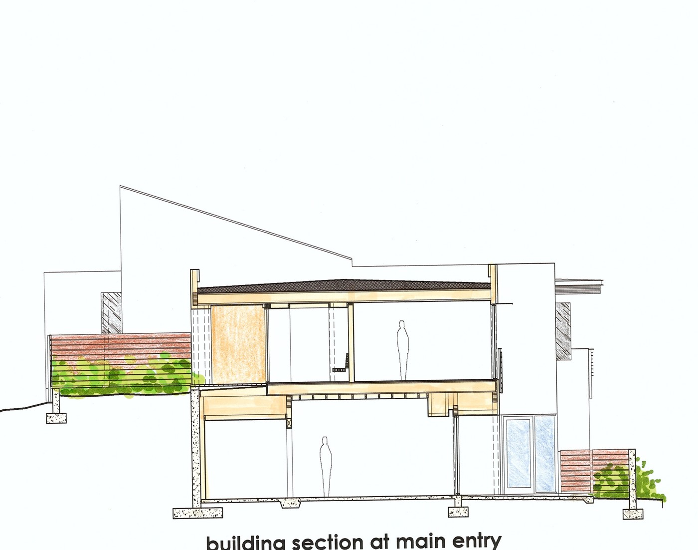 Building section at main entry architectural drawing by Hawkins & Associates